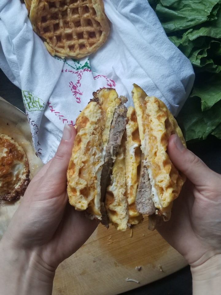 KETO SAUSAGE EGG AND CHEESE SANDWICHES WITH CHAFFLE BUNS